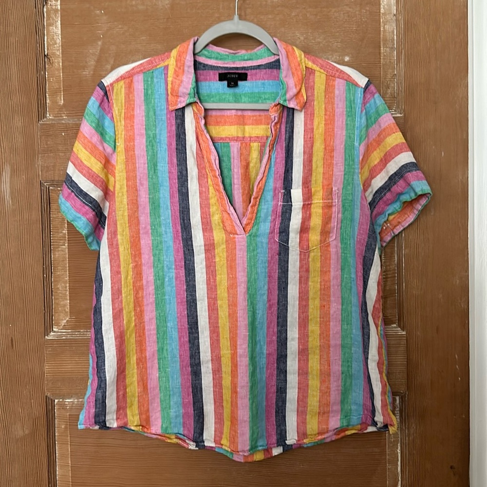 J Crew Rainbow Linen Popover top striped popover to rainbow stripe top